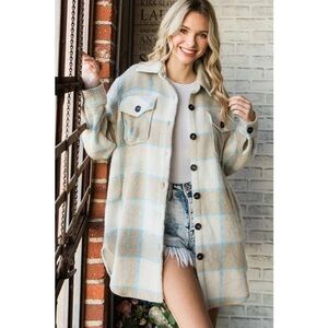 Fashion Nova Plaid Button-Up Jacket in Cream and Blue